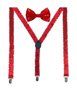 Men AB Elastic Band Red Sequin Suspender With Matching Polyester Bowtie - £3.90 GBP