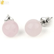CSJA 8mm Natural Stone Stud Earrings Crystal Quartz Round Ball Beads Silver Colo - £7.63 GBP