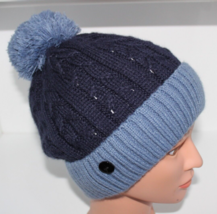 Women&#39;s Blue Fleece Lined Cable Knit Beanie With Fluffy Pom One Size - £6.86 GBP
