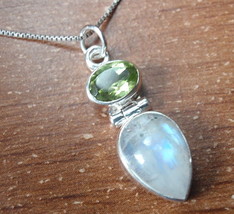 Faceted Peridot and Moonstone Teardrop 925 Sterling Silver Pendant r442b - £10.78 GBP