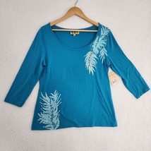 Plant Leaves Women&#39;s Blouse Teal ¾ Sleeve Swoop neck LARGE - $12.87