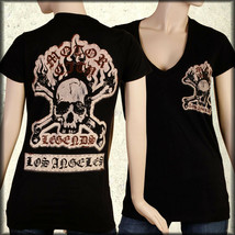 Motor City Legends Skull Flames Punk Rock Biker Womens VNeck T-Shirt Black L $98 - £19.64 GBP
