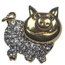 Vintage Pig Brooch Rhinestone Green Eyes Gold Tone Dainty Pin Shiney Cute  - £3.97 GBP