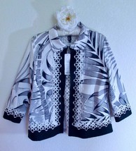 NWT Berek Delightful Palms Jacket M Lace Trimmed Black White Tropical 3/4 Sleeve - £55.29 GBP