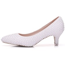 White Pearl Wedding Shoes Bridal Women Elegant Evening Party High Heels 5CM Dres - £48.12 GBP