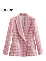 LYWM Women Fashion Outwears Plaid Pink Tweed Blazer Jacket Double Button Notched - £117.32 GBP