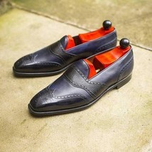 Men&#39;s Handmade  Loafer Blue &amp; Black Cowhide Leather Moccasins Dress Formal Shoes - £124.90 GBP