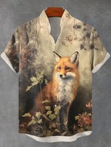 Men&#39;s Retro Forest Fox Oil Painting Print Linen Blend Shirt - £20.56 GBP