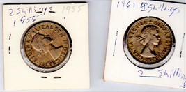 UK 2 Shillings Coin Florin Queen Elizabeth II Great Britain 2 coins (1955 &amp; 1961 - £4.99 GBP
