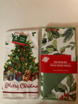 2 pc dish drying mat kitchen floral holly towel Christmas House tree 15x... - $15.99