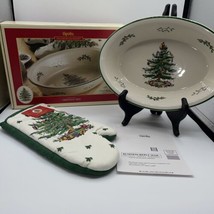Spode Christmas Tree Large Oval Rim Dish with Oven Mitt 12.5&quot; New - $44.00