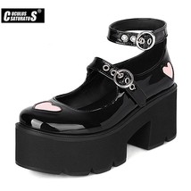 Belt Buckle Heart Gothic Lolita Shoes For Women Patent Leather Black Platform Ch - £57.06 GBP