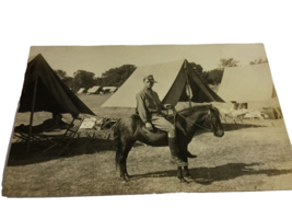 VINTAGE WW1 PHOTO POSTCARD, SOLDIER ON SMALL HORSE, CAMP, UNIFORM - £8.47 GBP