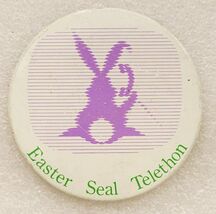 Vintage Pinback Button Easter Seal Telethon Purple Bunny Rabbit - $9.89