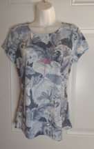 Palm Grove Short Sleeve Embellished Pink Flamingo Blue Top Shirt Blouse Size MED - £7.14 GBP