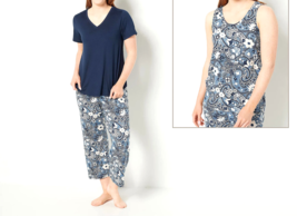 Anybody Lush Jersey 3-Piece Tee and Tank PJ Set - Navy / Paisley, XL - £29.73 GBP