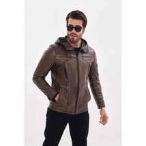 Vinci The Veneto Khaki Leather Hooded Men Jacket image 8
