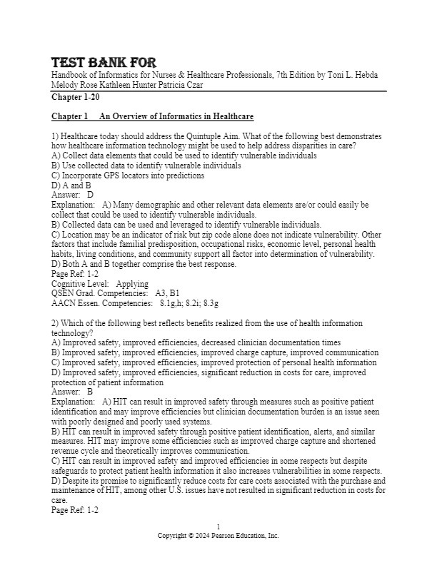 Test Bank For Handbook of Informatics for Nurses &amp; Healthcare Profession... - $17.99