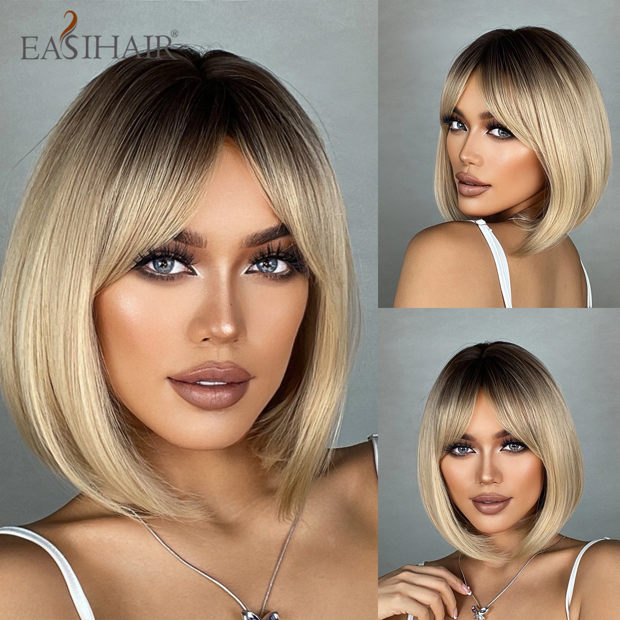 EASIHAIR Short Straight Bob Wigs Brown Blonde Ombre Natural Synthetic Wig f - £10.18 GBP+