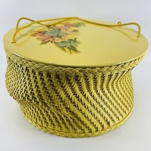 Princess Yellow Wicker Sewing Basket With Wood Lid Vintage 1950’s CRUSHED - $14.65