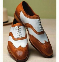 Handmade Men&#39;s Leather Two Tone Brown &amp; White Real Wing Tip Brogue Shoes-278 - £183.84 GBP