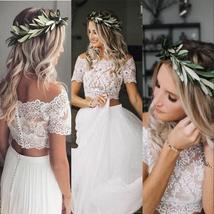 Casual Flowy Short Sleeve Lace Crop Top Two Piece Wedding Dress Bridal Gowns - £151.05 GBP