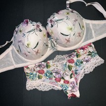 Victoria&#39;s Secret 32DDD Bra Set S Panty Pink Teal Floral Embroidered Shine Strap - £62.75 GBP