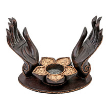 Blessed Pair of Open Hands Lotus Flower Rain Tree Wood Candle Holder - £24.85 GBP