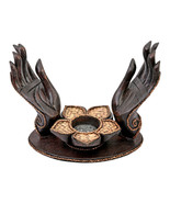 Blessed Pair of Open Hands Lotus Flower Rain Tree Wood Candle Holder - £24.90 GBP