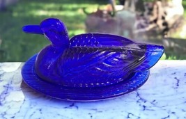 Vintage Cobalt Blue Glass Nesting Duck on Nest Candy Dish Box 8.5&quot; L x 4... - $36.63