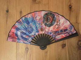 Japanese Art Print Silk Hand Folding Fan Fashion Decor Dragon &amp; Fish - £21.26 GBP