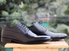 Handmade Men&#39;s Black Alligator Leather Brogue Lace Up Dress Stylish Shoes - £113.62 GBP+