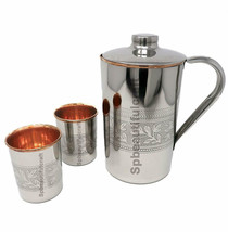 Copper Steel Water Jug Embossed Pitcher 2 Serving Tumbler Glass Health B... - £36.09 GBP