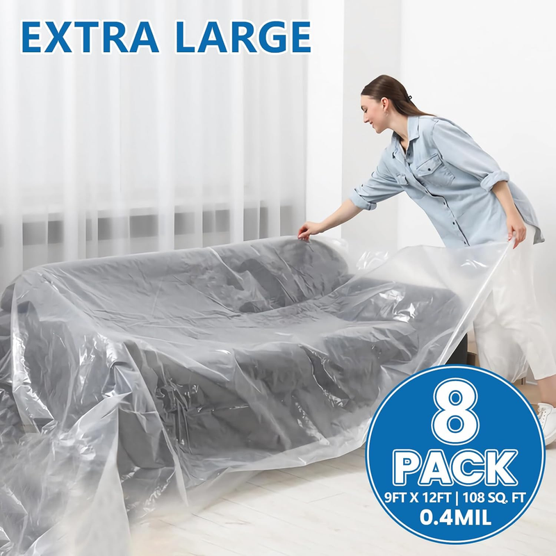 8 Pack Plastic Drop Cloth, 9 X 12 Feet Plastic Sheeting, Painter'S Sheeting & Ta Item image 3