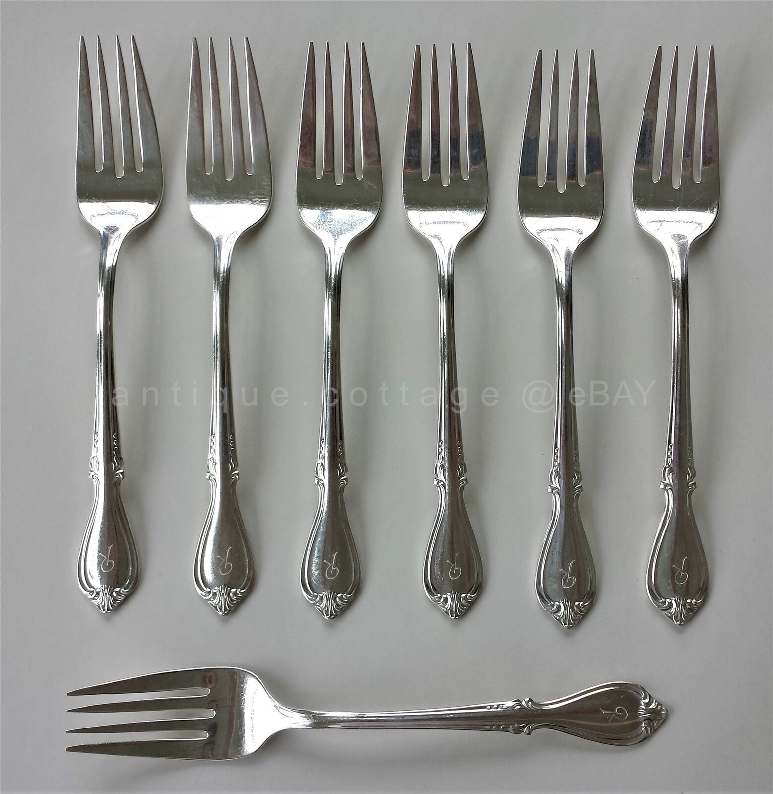 Primary image for ROGERS oneida silverplate flatware MEMORY 7pc Dessert Salad Forks monogram R