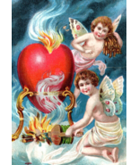 c1910 Embossed Angels With Heart On Fire Valentine Postcard - $29.88 CAD
