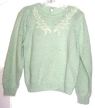 Mint Green Sweater with Floral Applique &amp; Green Pearl Accents Long Sleev... - £21.54 GBP