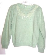 Mint Green Sweater with Floral Applique &amp; Green Pearl Accents Long Sleev... - £21.38 GBP