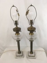 Brass White Marble Base Roman Column 30&quot; Pedestal Set of 2 Vintage Table Lamps - £99.74 GBP