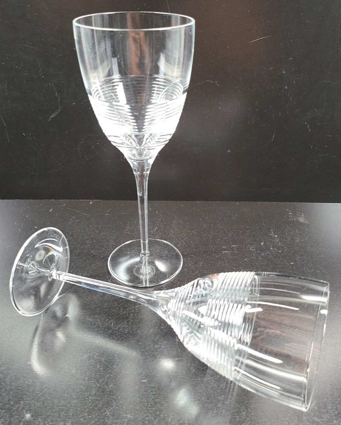 Primary image for 2 Macys Hotel Collection Crystal Red Wine Glasses Set Clear Horizontal Cut Lines