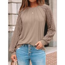 Women's Long Sleeve Shirts Pleated Lace Tops, Khaki - Large - $19.39