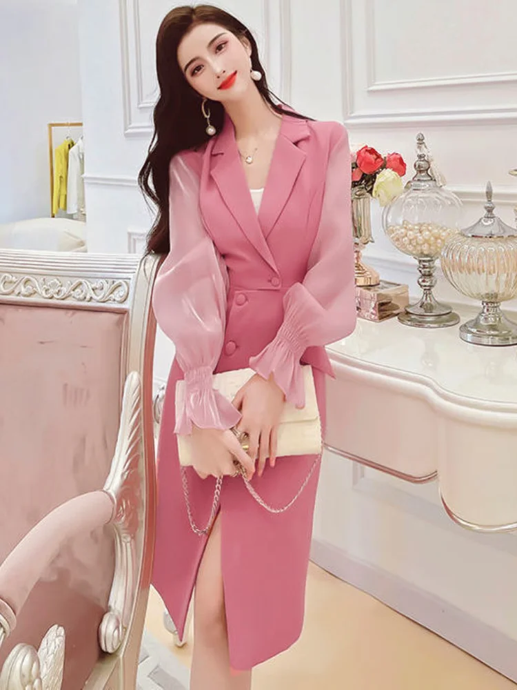 Pink  Waist Slim Slit Blazer Dress Women Buttons Mesh Petal Long Sleeve Midi Dre - $159.81