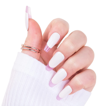 French Tip Press on Nails Coffin Medium, Acrylic Fake Nails White Purple Color M - £6.63 GBP