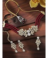 Gold Plated Traditional Stone Studded Pearl Choker Necklace Jewellery Set - $63.08 CAD