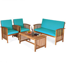 4PCS Patio Solid Wood Furniture Set Conversation Coffee Table Turquoise Cushion - £634.71 GBP