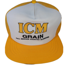 ICM Grain Hat Snapback Trucker Cap Made in USA Yellow White Mesh Foam 80s VTG - £6.50 GBP