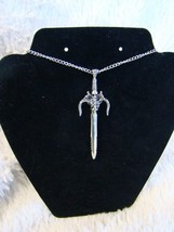 Gothic Fashion Skull and Serrated Sword w/ Wings Silver Color Necklace 10&quot; Long - £8.92 GBP