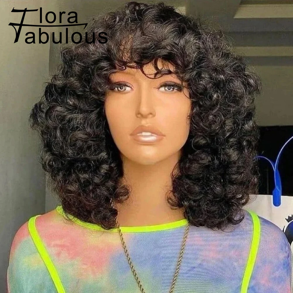 Bouncy Curly Wig With Bangs 180% Density Glueless Afro Rose Curly Wigs For Women - £49.05 GBP+