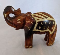 Large Heavy Brown ELEPHANT 5&quot; Figure Carved Exotic Wood Trunk Up Patriotic - £11.83 GBP