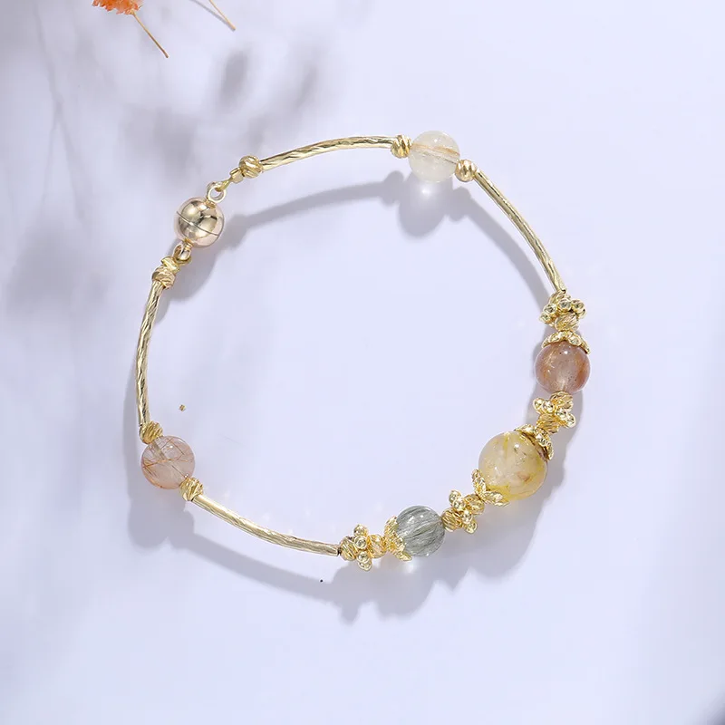 Luxury Gold Plating Multicolor Natural Rutilated Quartz Crystal Beaded Bracelets - £16.93 GBP